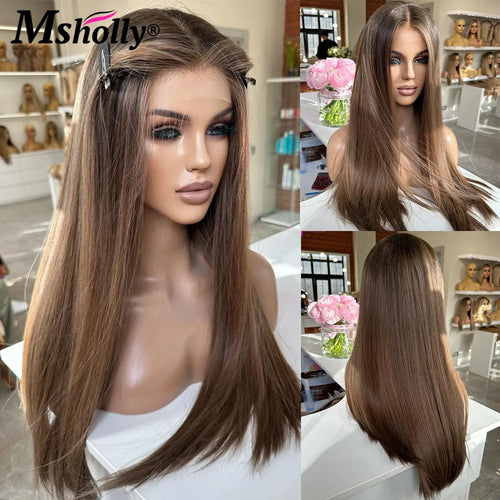 Highlight Chocolate Brown 13x4 Lace Front Wigs Human Hair Bone - Image 7
